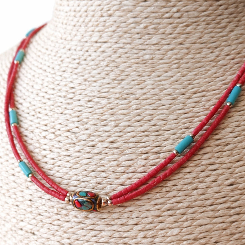 Nepalese Extra Fine Two Line Necklace - Pink & Turquoise Pendant product image
