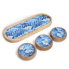 Mango Wood Tray with 3 Bowls - Blue Stripes product image 3