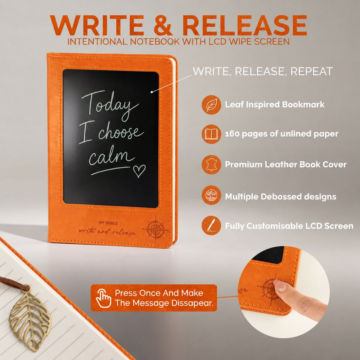 A5 Intention Note Book - LCD Wipe Screen - Orange Leather Effect - 80 Leafs - product image 14