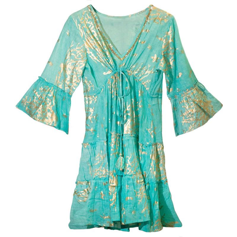 Nomad Sari Turquoise & Gold Coral Print Dress (L/XL) product image