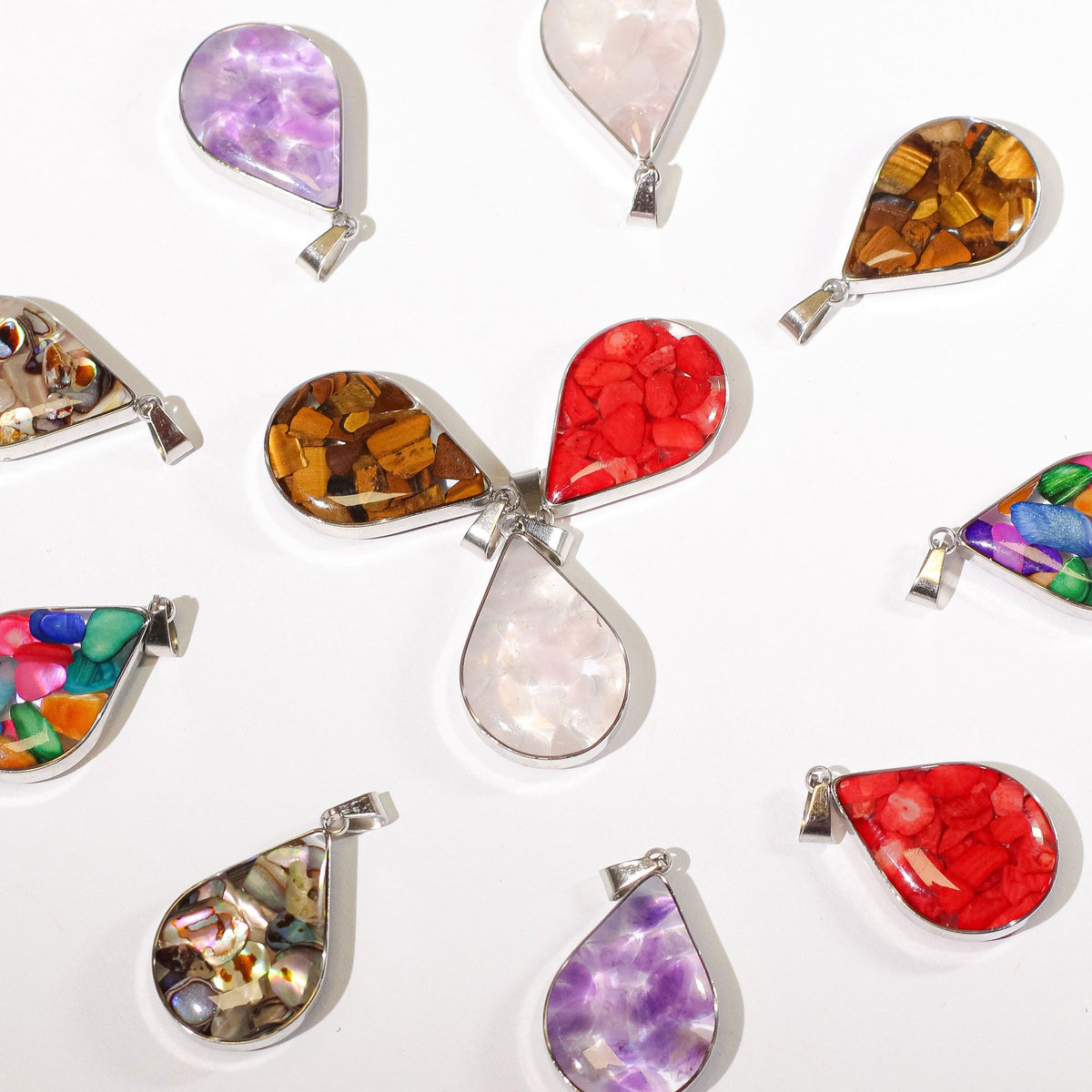 Steel Cased Pendant Teardrops - 12 Assorted Gemstone Chips & Shells product image 2