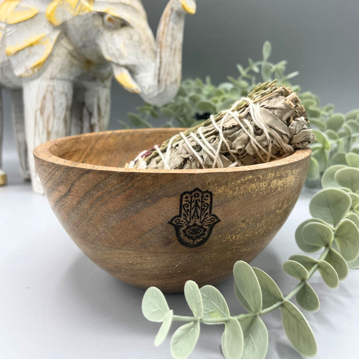 Wooden Smudge and Ritual Offerings Bowl - Hamsa - 13x7cm product image 2
