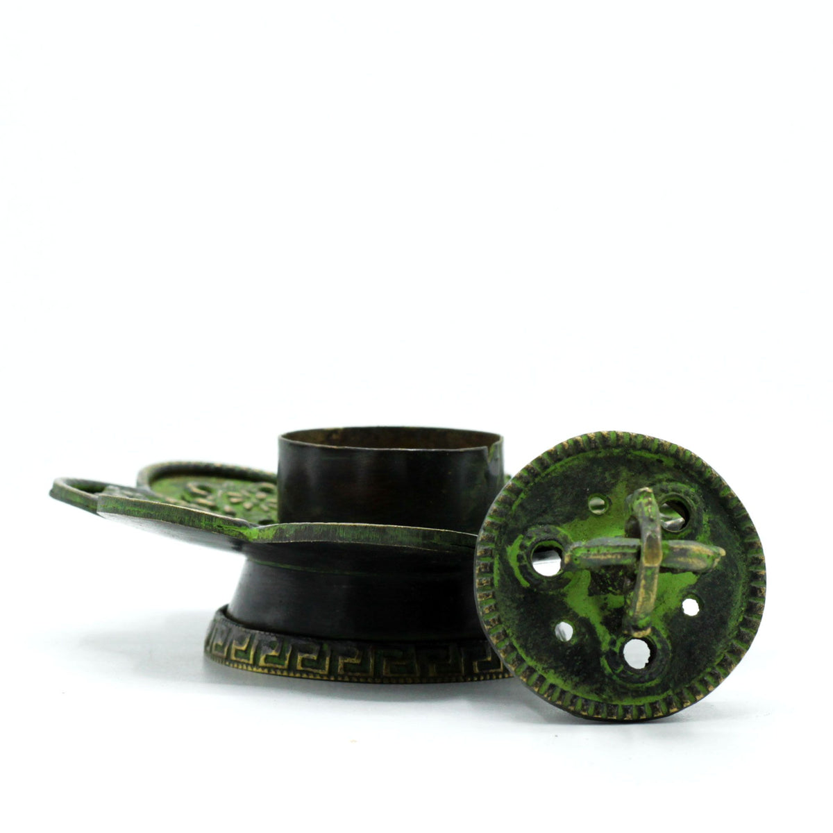 Brass Verdigris Tibetan Cone & Incense Holder - Eight Symbols product image 2