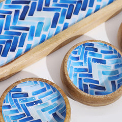 Mango Wood Tray with 3 Bowls - Blue Stripes product image 2
