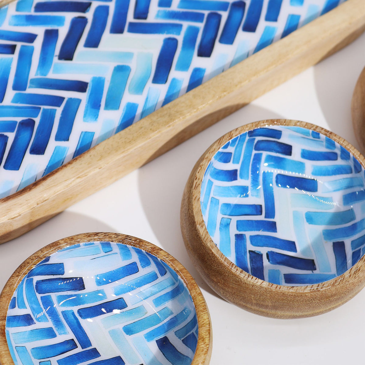 Mango Wood Tray with 3 Bowls - Blue Stripes product image 2