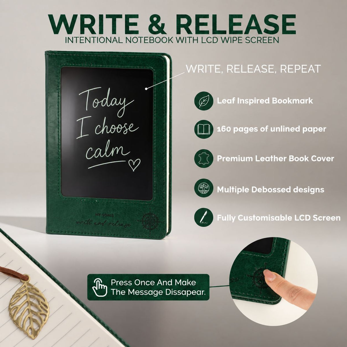 A5 Intention Note Book - LCD Wipe Screen - Green Leather Effect - 80 Leafs - product image 14