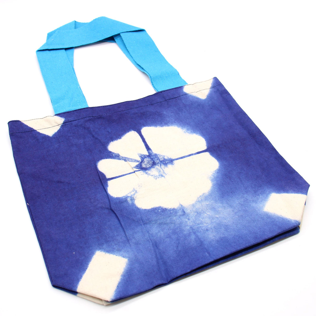 Natural Tye-Dye Cotton Bag (8oz) - 38x42x12cm - Blue Flower - Blue Handle product image 2