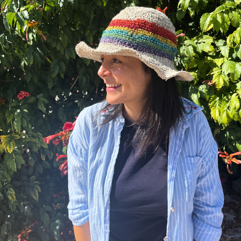 Hand-Knited Hemp & Cotton Boho Festival Hat - Rainbow product image