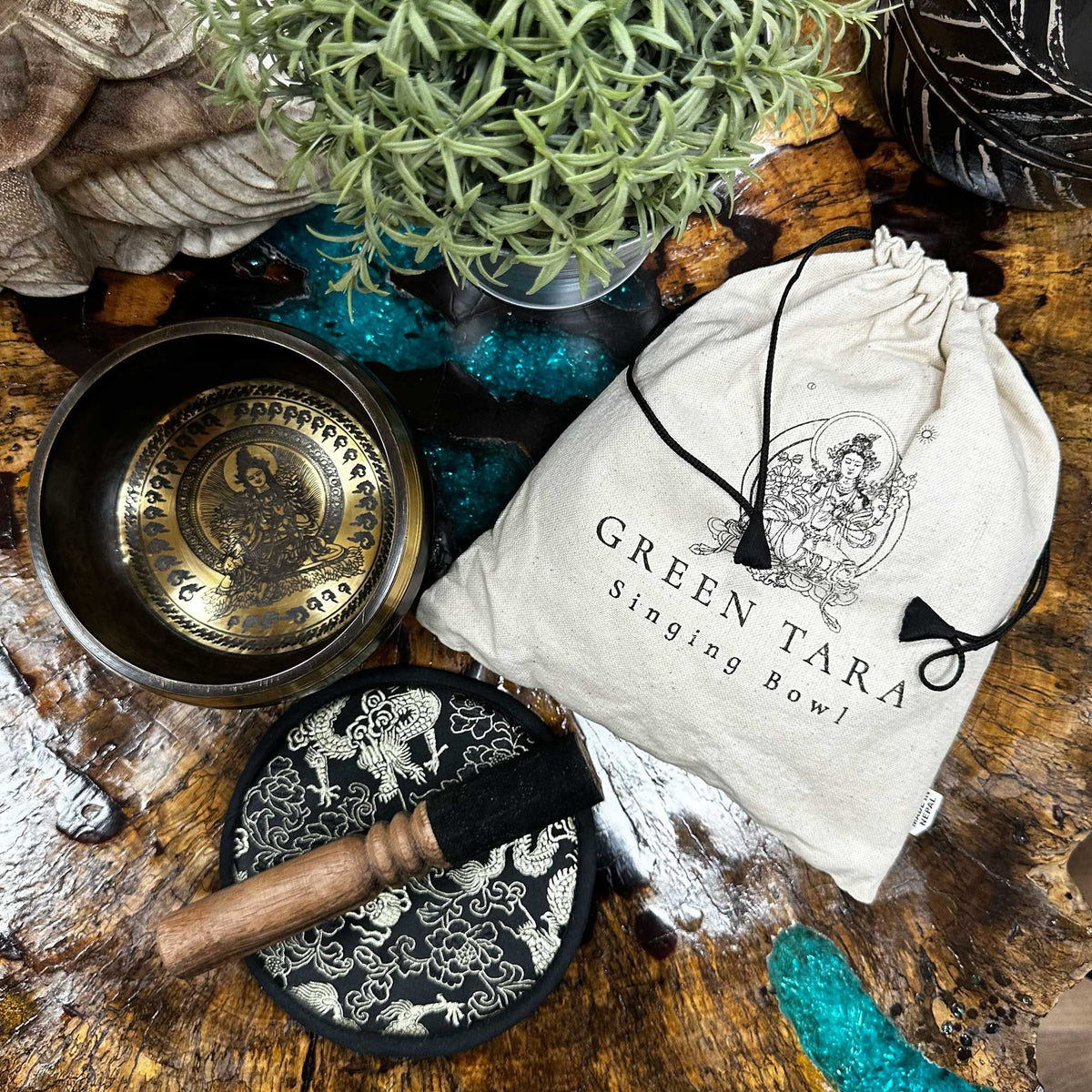Hand Beaten & Engraved Singing Bowl Gift Set - 14cm - Green Tara product image 3