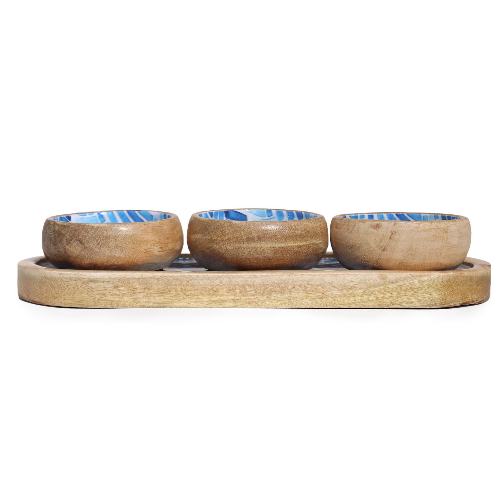 Mango Wood Tray with 3 Bowls - Blue Stripes product image
