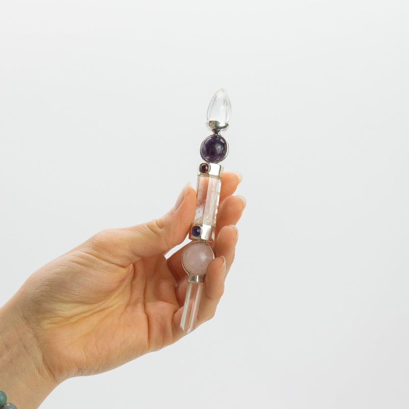 Axis of Grace Wand - Amethyst & Rose Quartz Spheres, Quartz Stem - 12cm product image