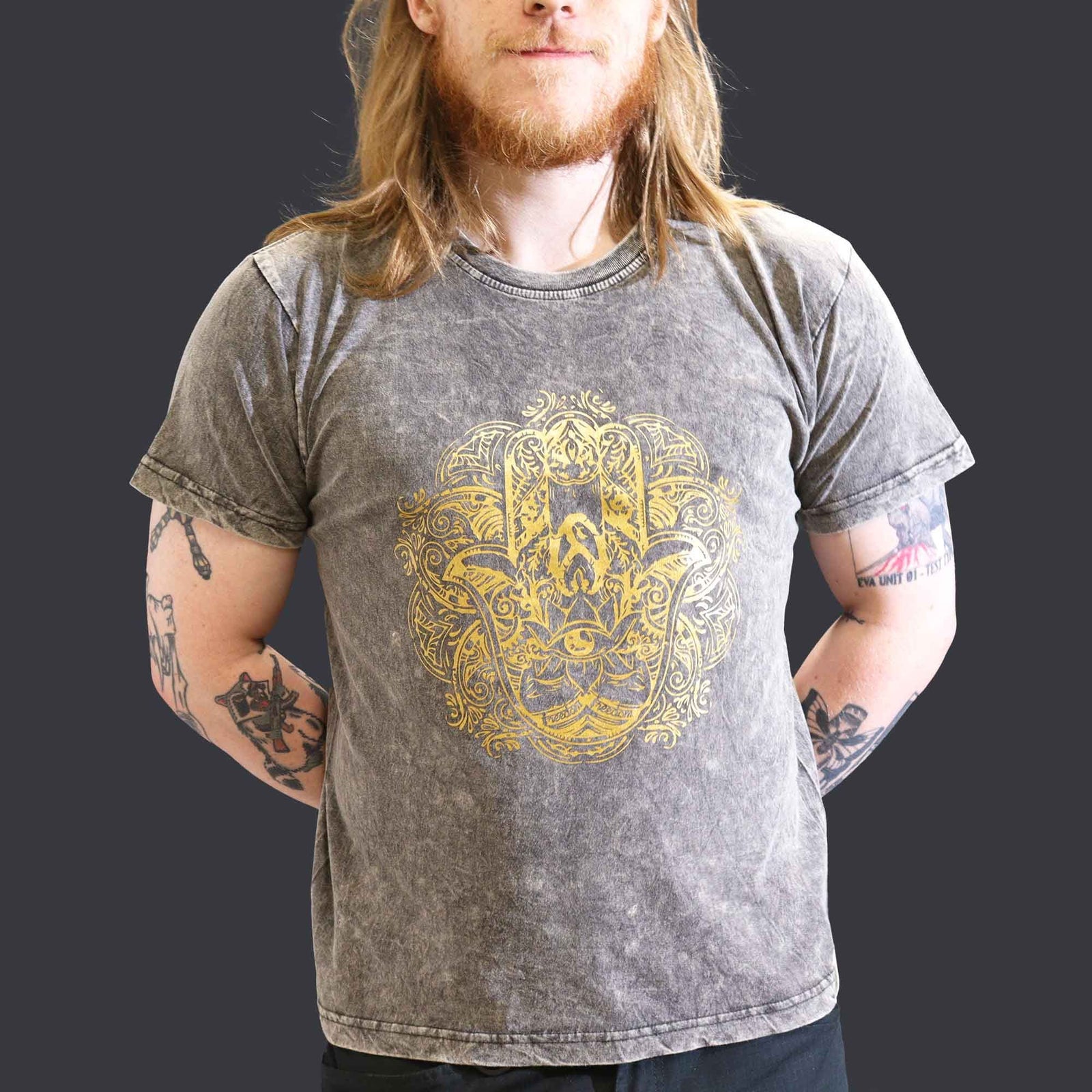 Nomad Sari Stonewashed Cotton T-Shirt – Hamsa – Dark Grey – Large product image