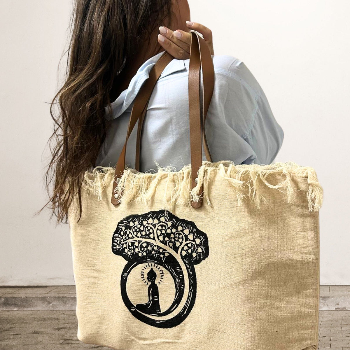 Natural Tote Bag with Leather Handle - Buddha - product image 3