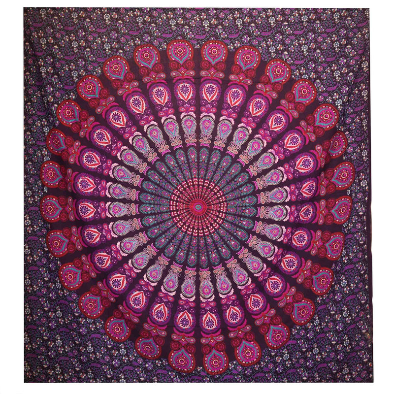Double Cotton Bedspread + Wall Hanging - Peacock Mandala - Purple product image