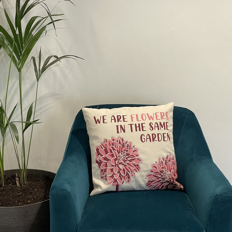 Printed Cotton Cushion Cover - We are Flowers - Olive, Pink and Natural product image