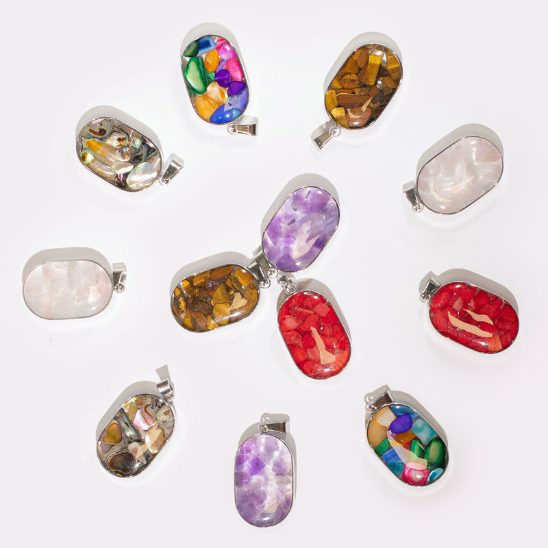 Steel Cased Pendant Ovals - 12 Assorted Gemstone Chips & Shells product image