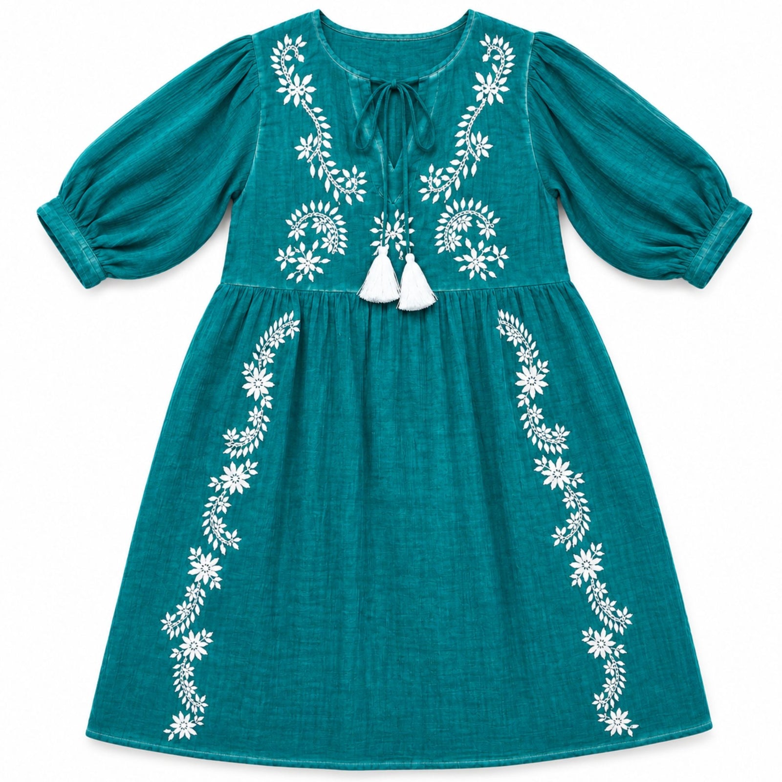 Nomad Sari On the Med Collection - Dress - Turquoise with Embroidery & Tassel (L-XL) product image