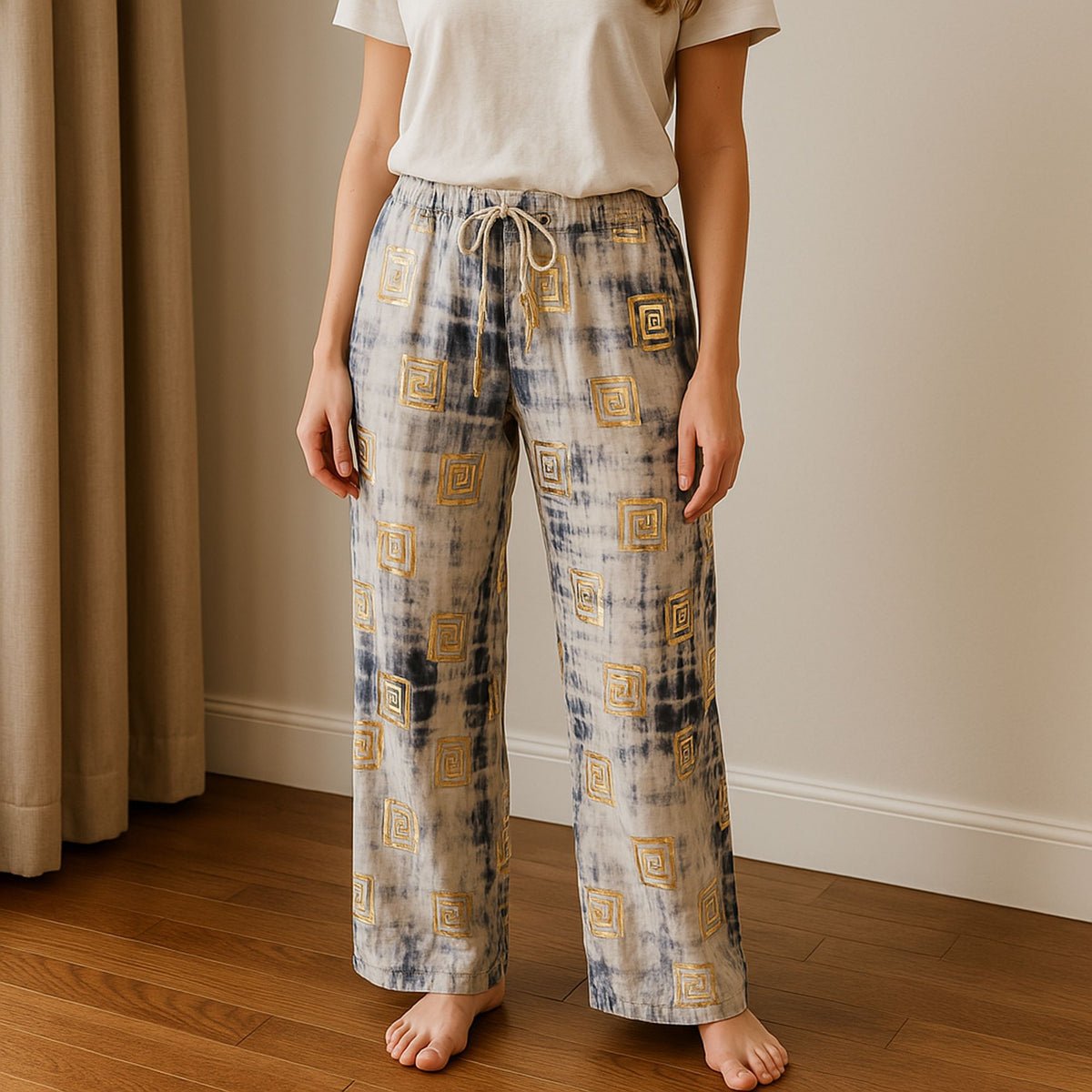 Nomad Sari Lounge Pants (M/L) – Blue Tie-Dye with Gold Greek Motif product image 3