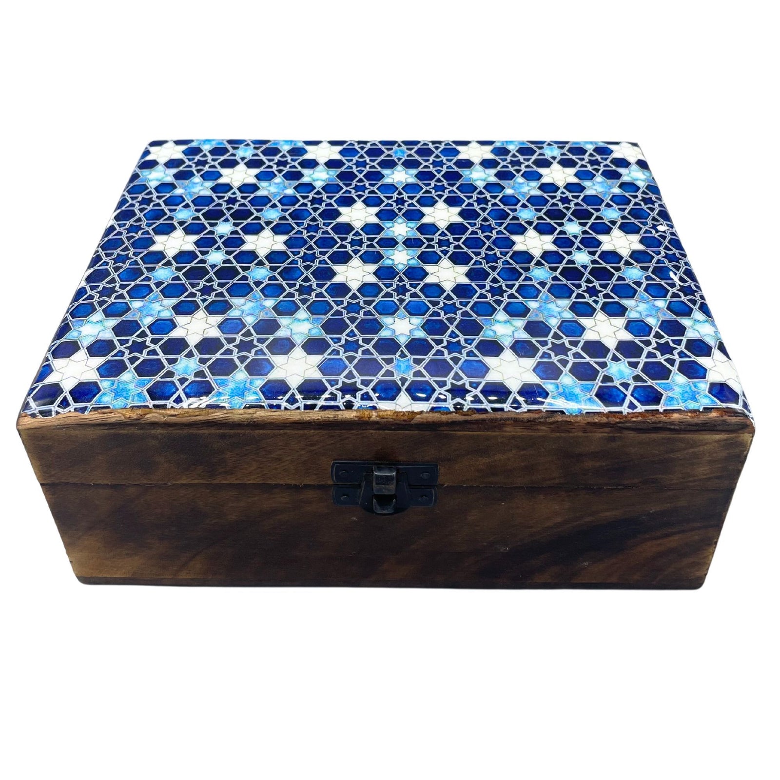 Large Ceramic Glazed Wood Box - 20x15x7.5cm - Blue Stars product image