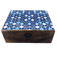 Large Ceramic Glazed Wood Box - 20x15x7.5cm - Blue Stars product image