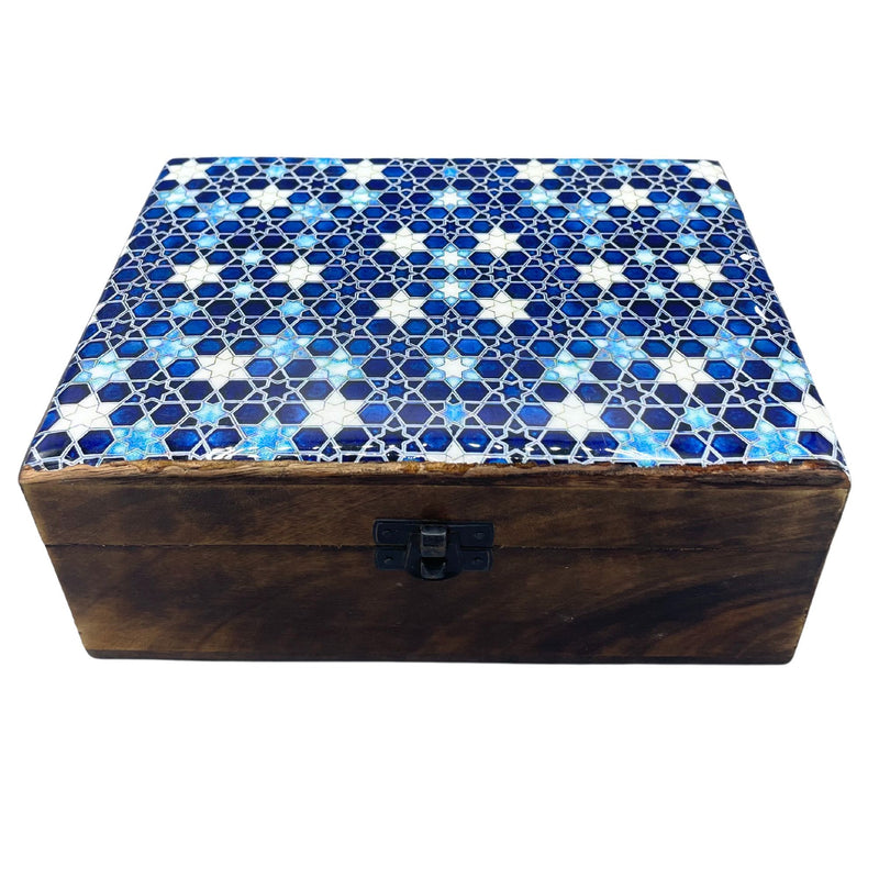 Large Ceramic Glazed Wood Box - 20x15x7.5cm - Blue Stars product image