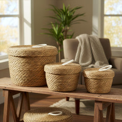 Seagrass & Cotton Round Baskets with Lids - Natural - Set of 3 product image 8