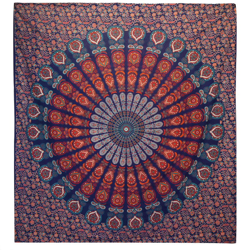 Double Cotton Bedspread + Wall Hanging - Peacock Mandala - Blue product image