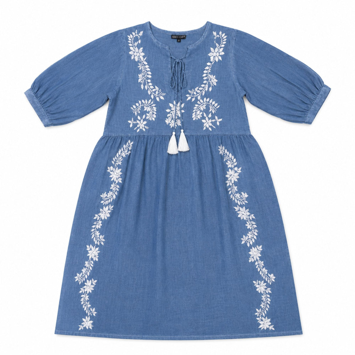 Nomad Sari On the Med Collection - Dress - Dusky Blue with Embroidery & Tassels (M-L) product image 2