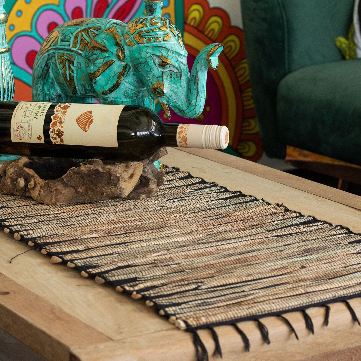 Water Hyacinth Natural Table Runner - Black Tiger with Fringe - 150cm product image