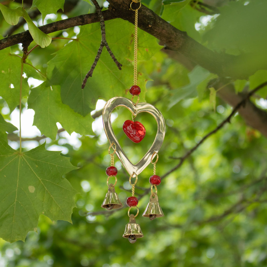 Indian Chimes - Brass With Ruby Glass Heart Beads - 3 Bells product image 3