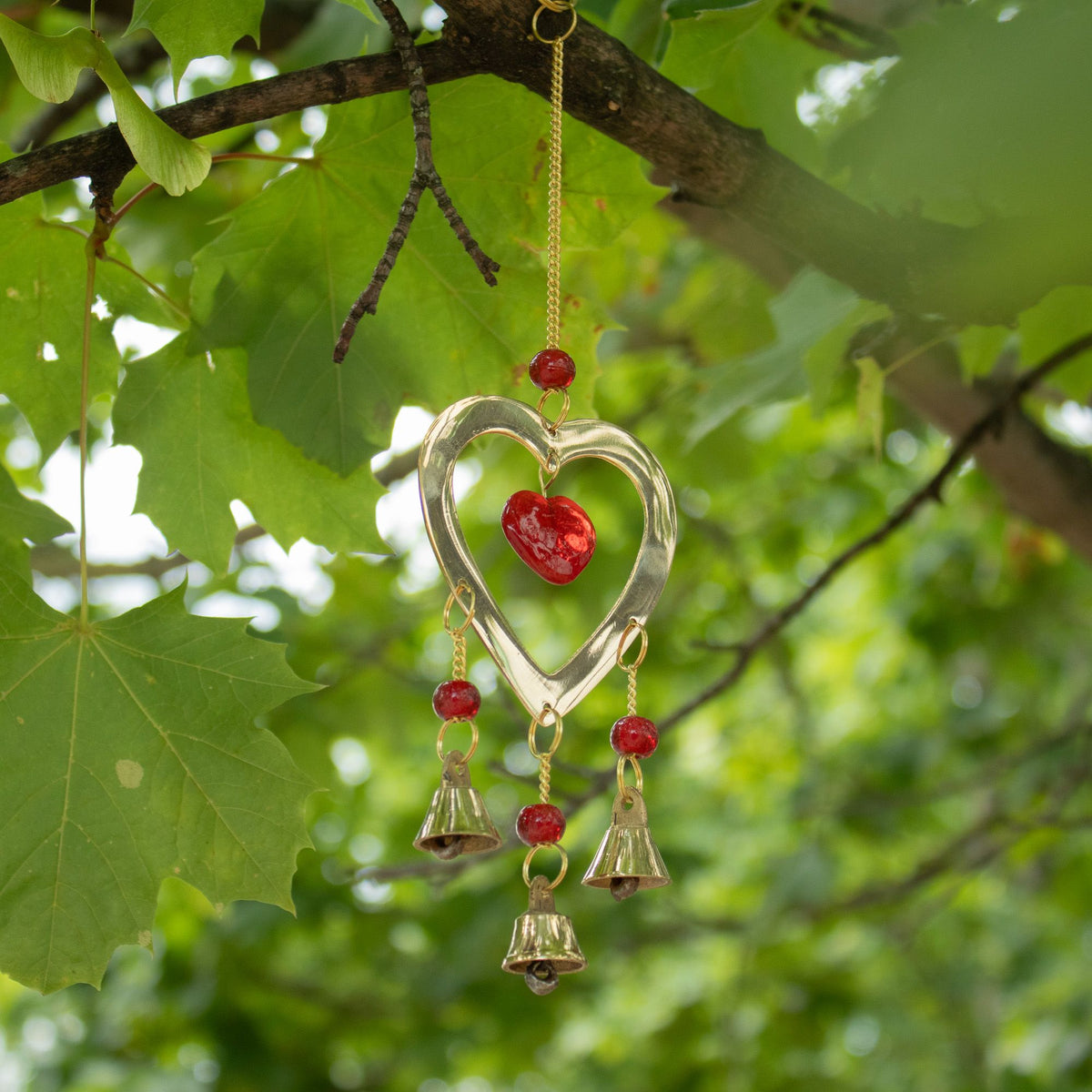 Indian Chimes - Brass With Ruby Glass Heart Beads - 3 Bells product image 3