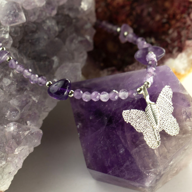Nymph Amethyst Gemstone Necklace with Real Leaf Butterfly Pendant