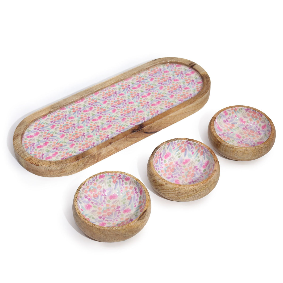 Mango Wood Tray with 3 Bowls - Pretty Floral product image 3