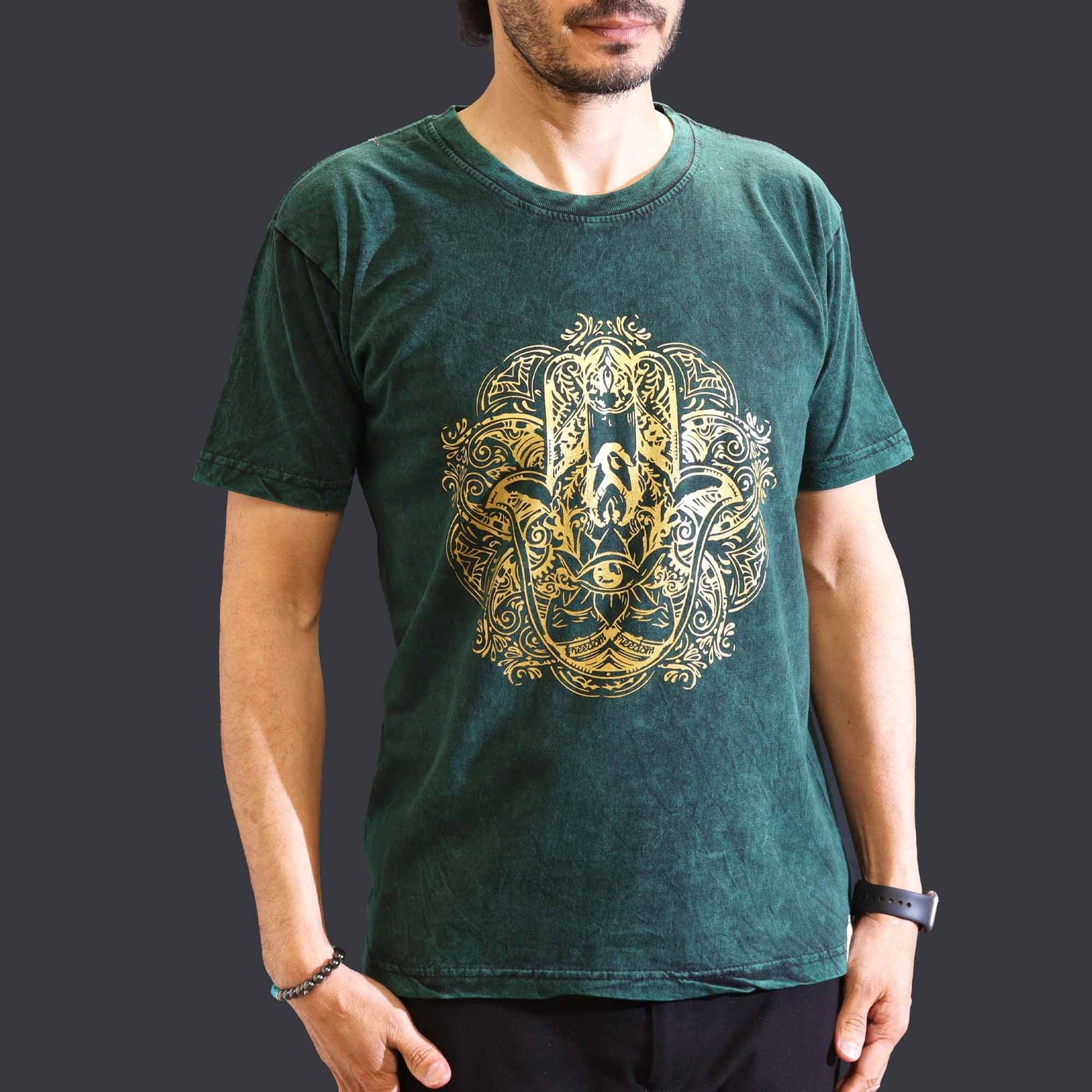 Nomad Sari Stonewashed Cotton T-Shirt – Hamsa – Green – Medium product image