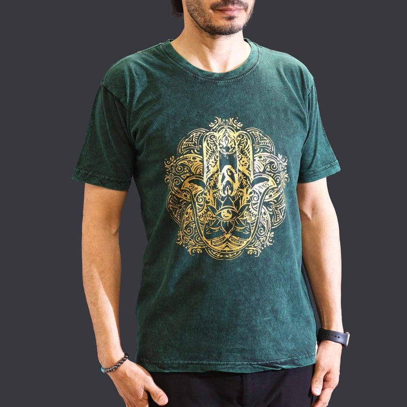 Nomad Sari Stonewashed Cotton T-Shirt – Hamsa – Green – Medium product image