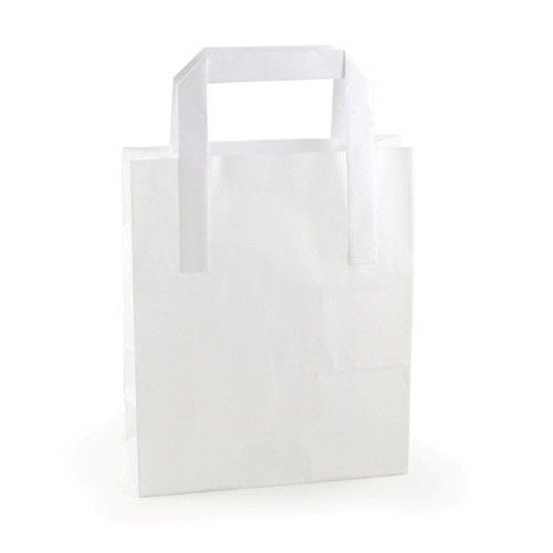 Medium white SOS paper carrier bags with flat handles