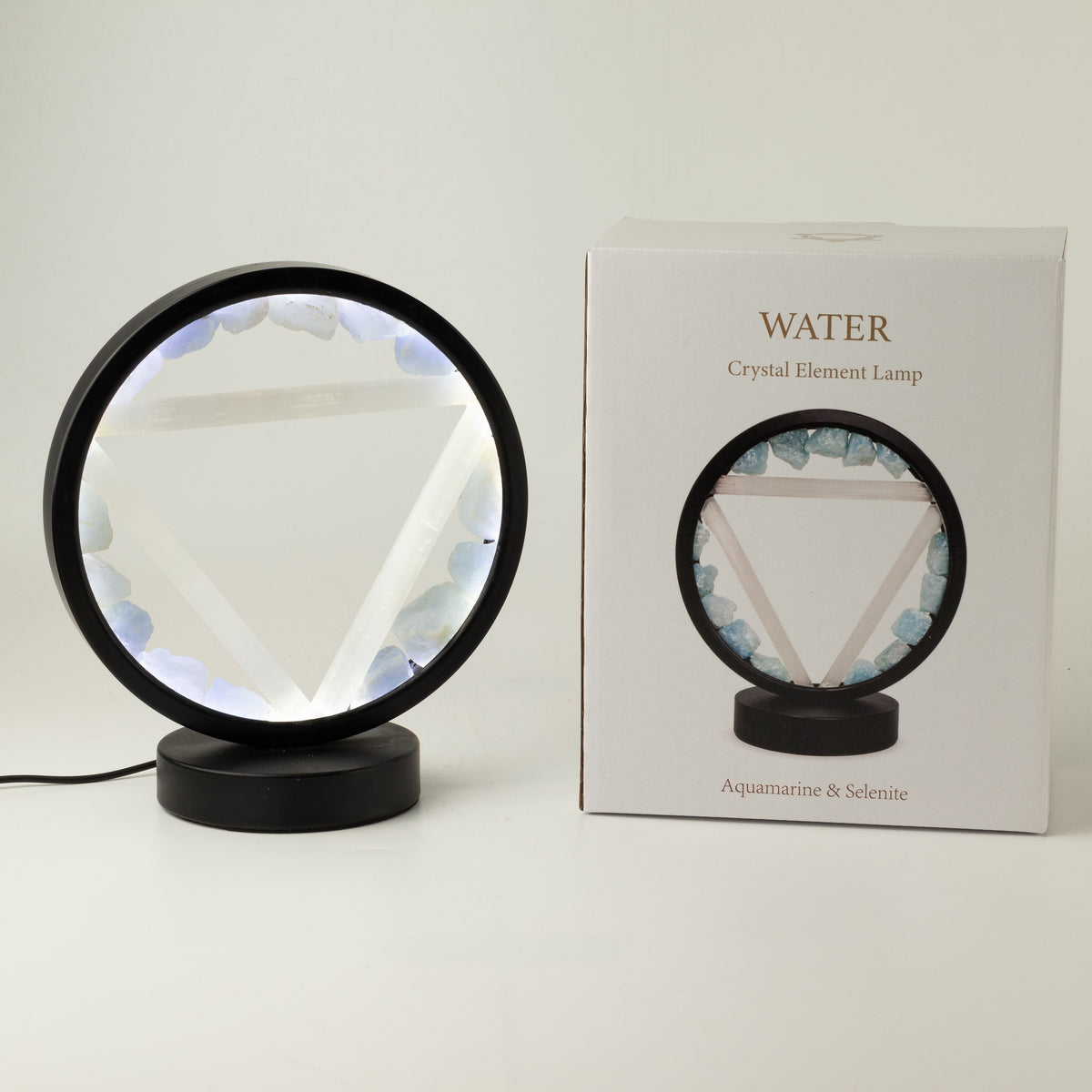 Illuminated aquamarine and selenite Water gemstone halo lamp