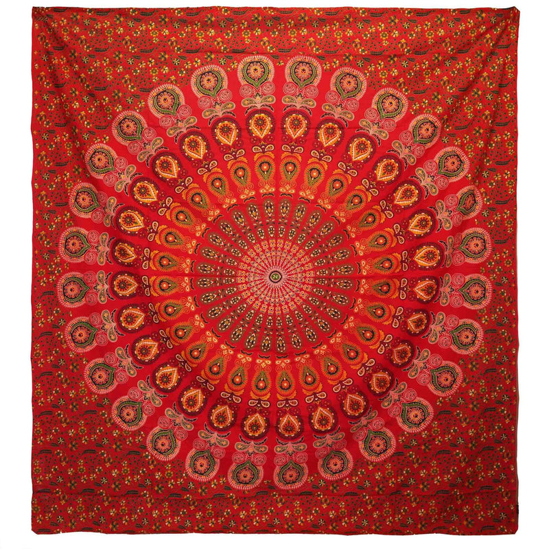 Double Cotton Bedspread + Wall Hanging - Peacock Mandala - Red product image