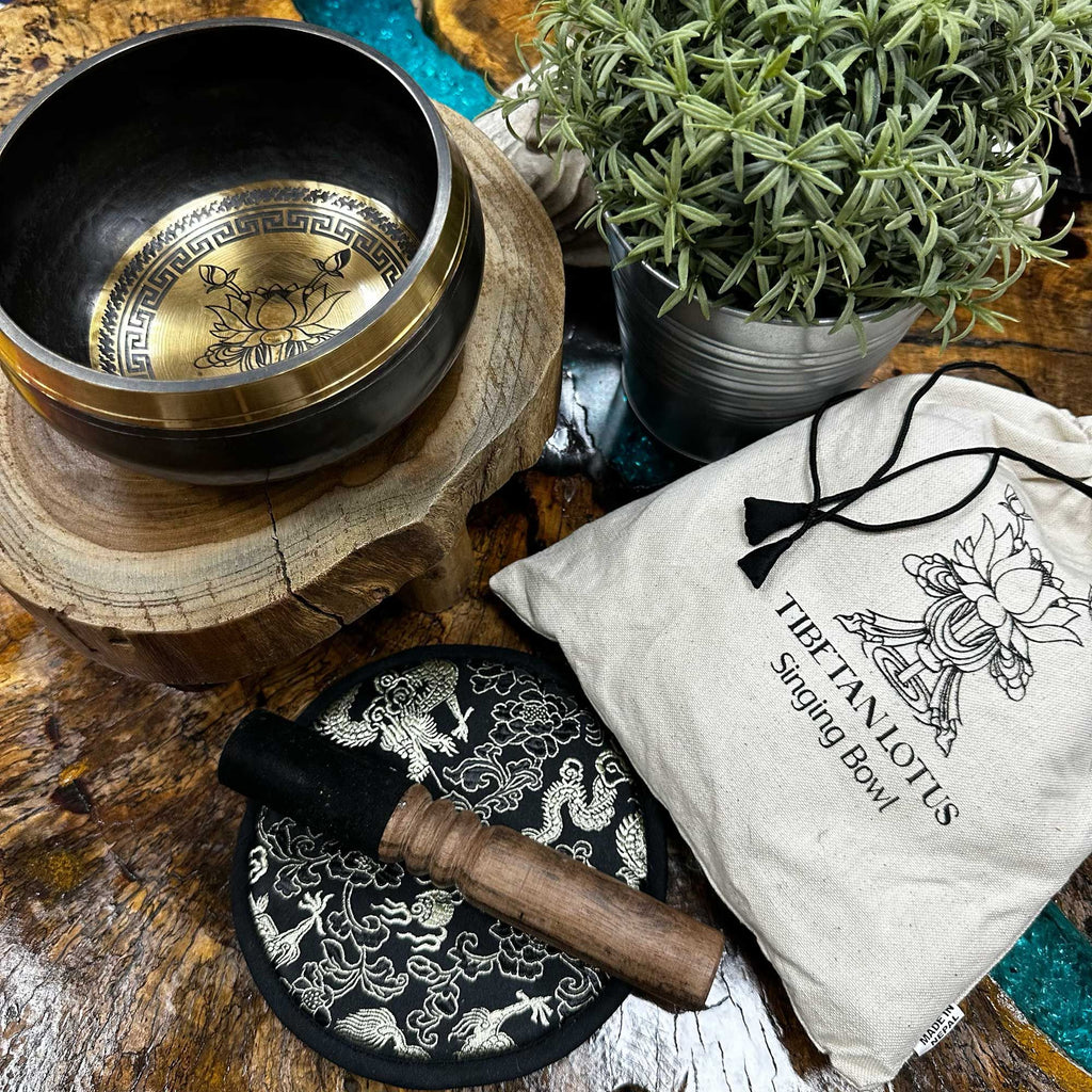 Hand Beaten & Engraved Singing Bowl Gift Set - 14cm - Lotus Flower product image 2