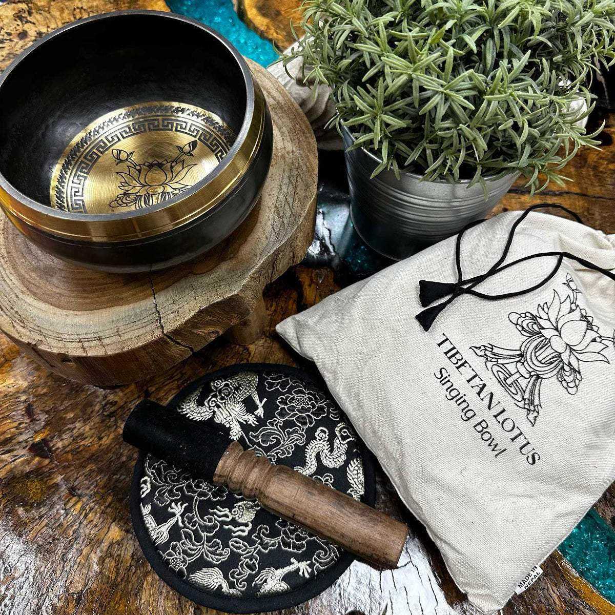 Hand Beaten & Engraved Singing Bowl Gift Set - 14cm - Lotus Flower product image 2