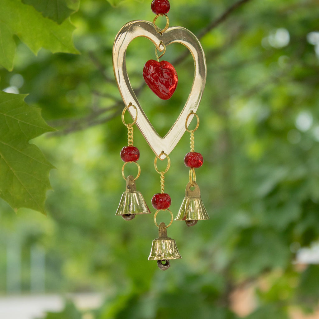 Indian Chimes - Brass With Ruby Glass Heart Beads - 3 Bells product image 4