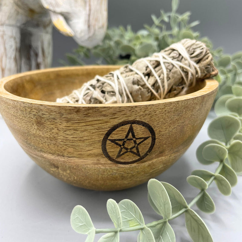 Wooden Smudge and Ritual Offerings Bowl - Pentagram - 13x7cm product image