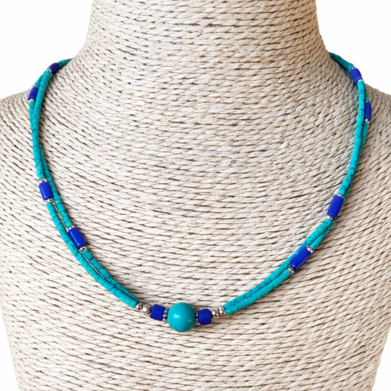 Nepalese Extra Fine Two Line Necklace - Lapis & Malachite Pendant product image