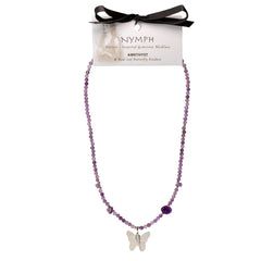 Nymph Amethyst Gemstone Necklace with Real Leaf Butterfly Pendant