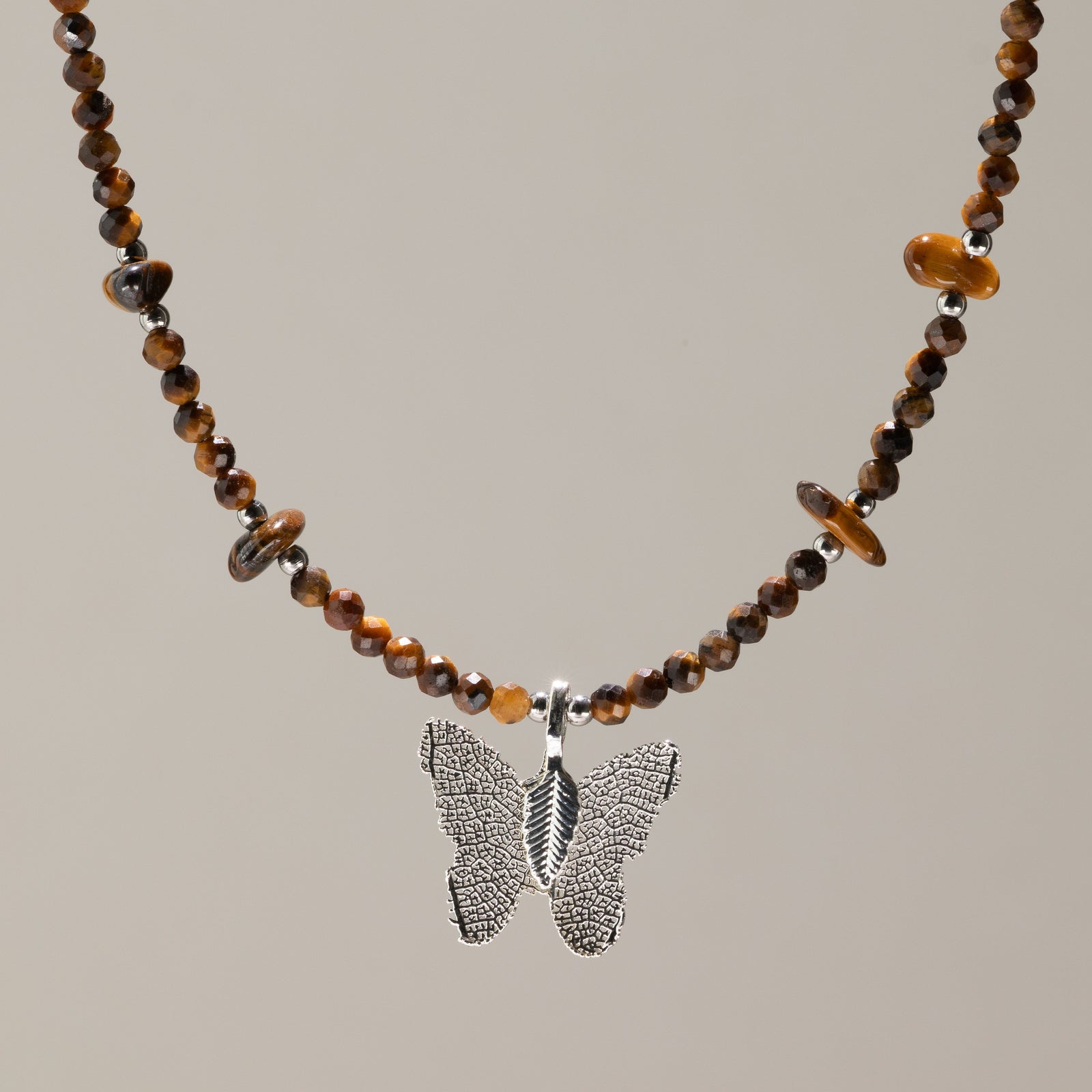 Nymph Tiger's Eye Gemstone Necklace with Real Leaf Butterfly Pendant