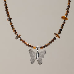 Nymph Tiger's Eye Gemstone Necklace with Real Leaf Butterfly Pendant