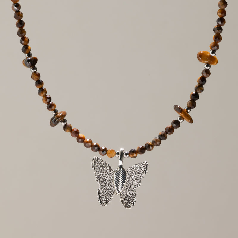 Nymph Tiger's Eye Gemstone Necklace with Real Leaf Butterfly Pendant