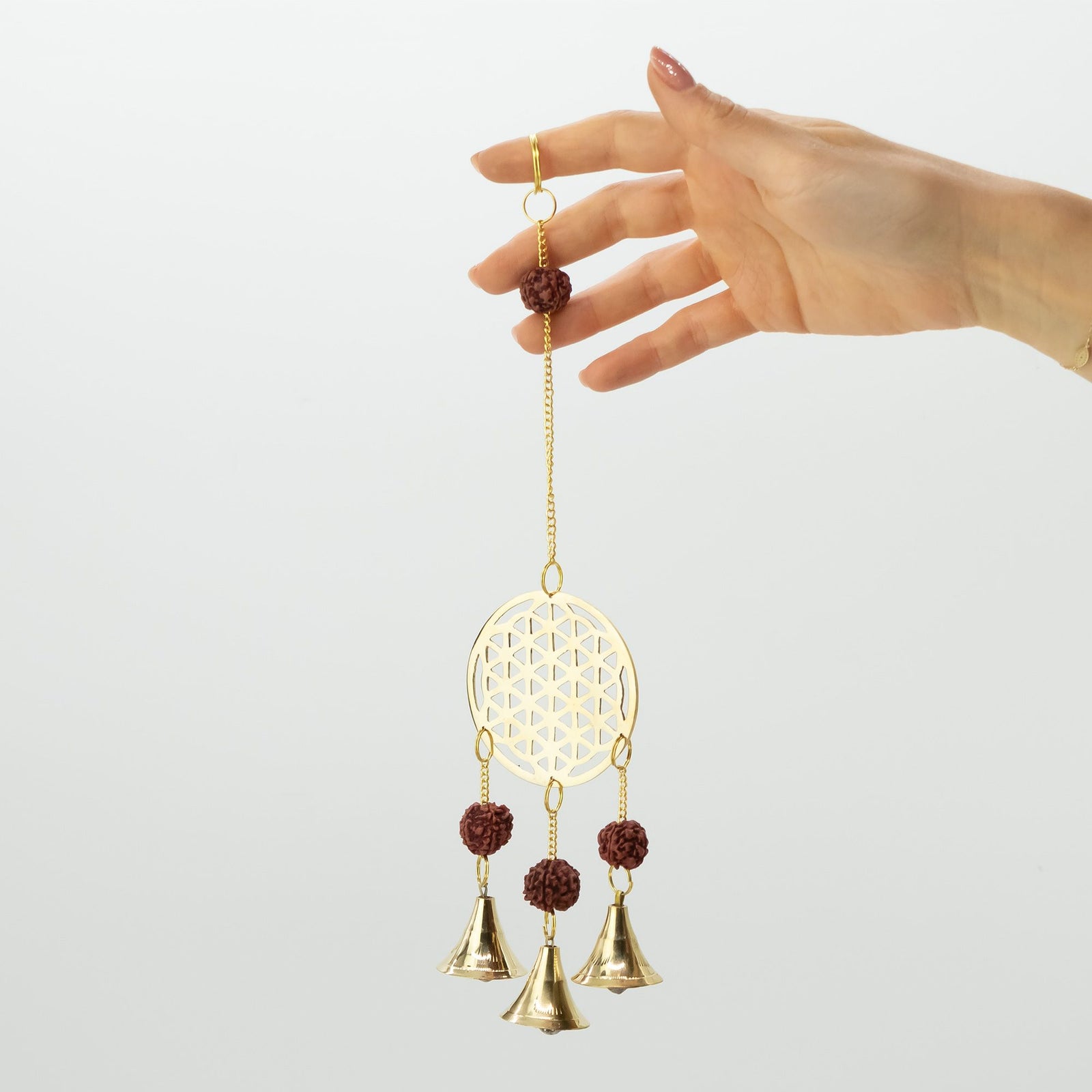 Indian Chimes - Brass Flower of Life with Rudraksha Beads - 3 Bells product image