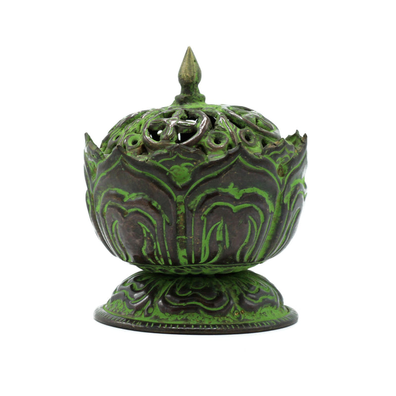 Brass Verdigris Tibetan Incense Burner - Small Lotus product image