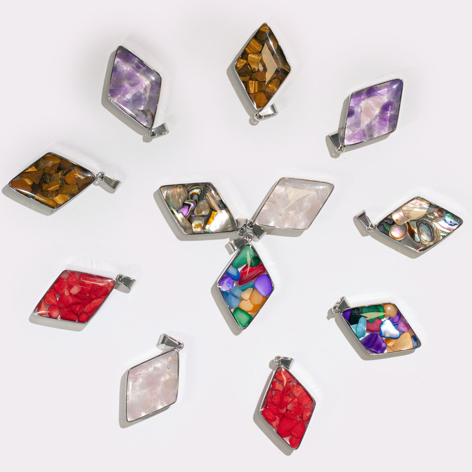Steel Cased Pendant Diamonds - 12 Assorted Gemstone Chips & Shells product image